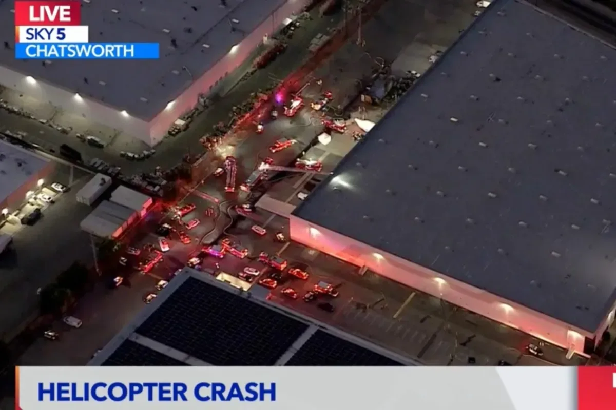 Emergency vehicles near the site of a helicopter crash in Chatsworth
