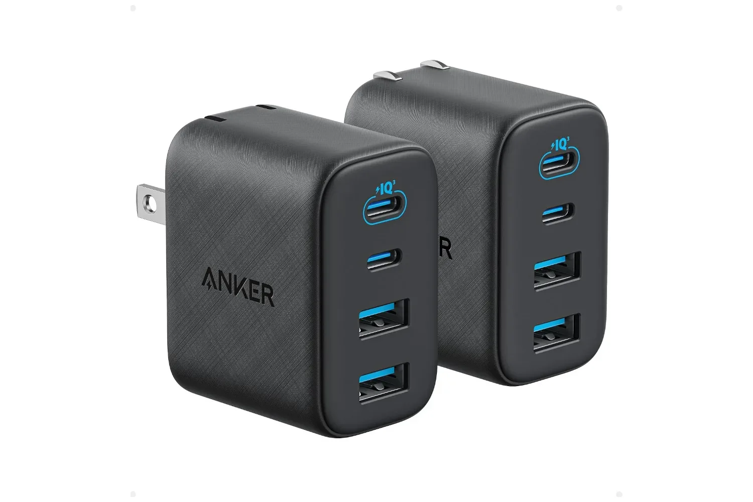 Two Anker Zolo 50W four-port USB chargers with USB-C and USB-A ports