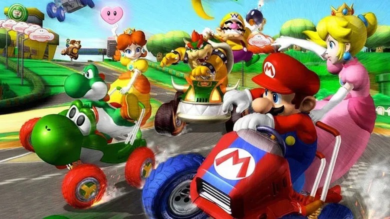 Mario and Peach race against Yoshi and Daisy, with Bowser and Wario on their tail.
