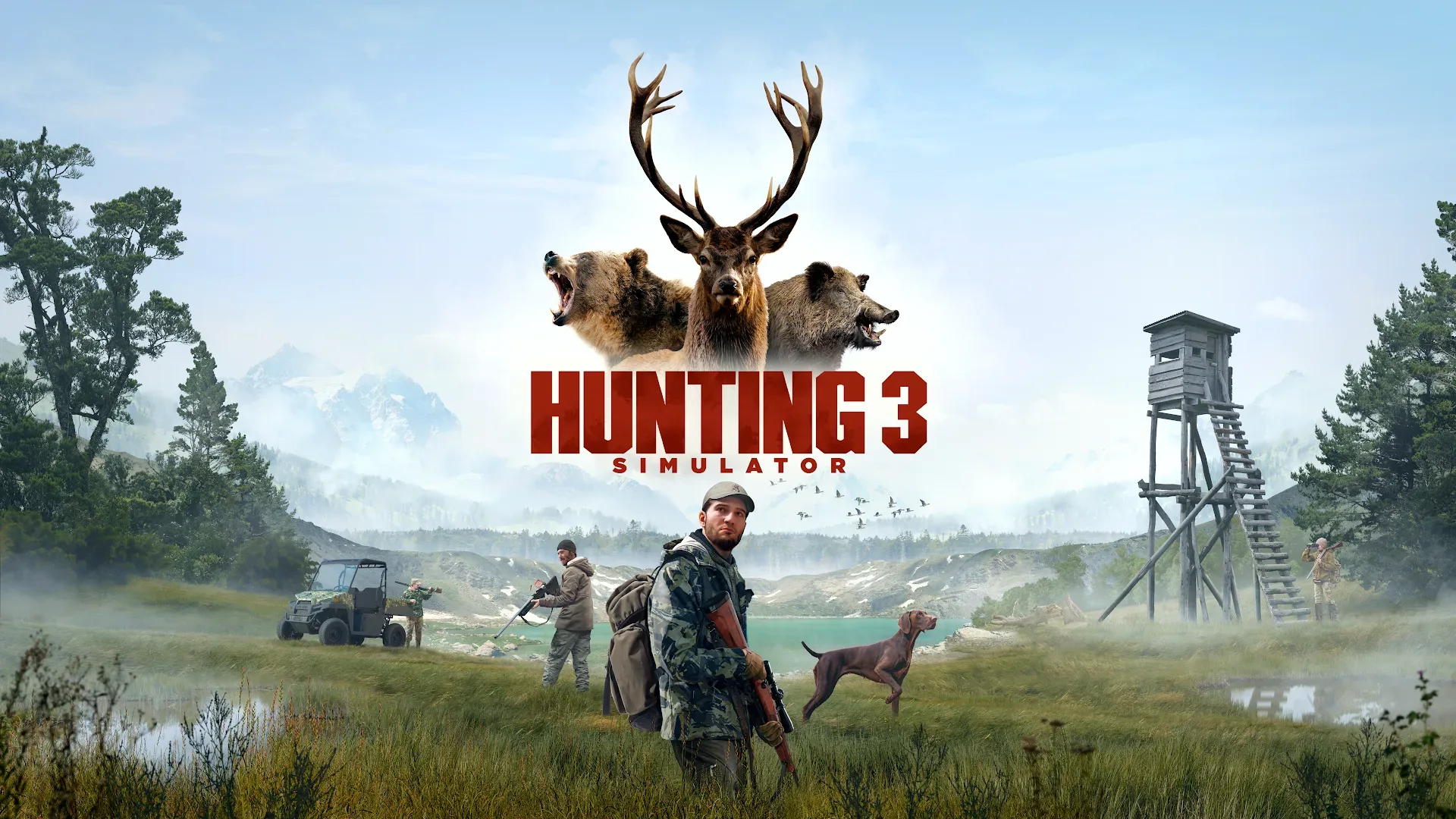 Hunting Simulator 3 off-road vehicle travelling through an open map