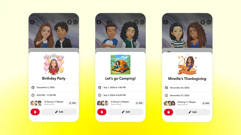 Bitmoji-styled event cover art and a guest list in Snapchat Plans