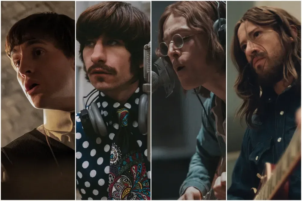 Barry Keoghan, Joseph Quinn and Harris Dickinson filming a Beatles fan-chase scene