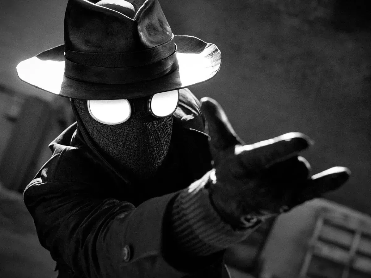 Spider-Noir title art presented in monochrome noir style
