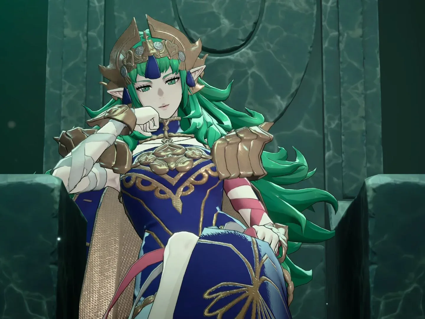 Sothis, a goddess, lounges in her chair in Fire Emblem: Fortune's Weave