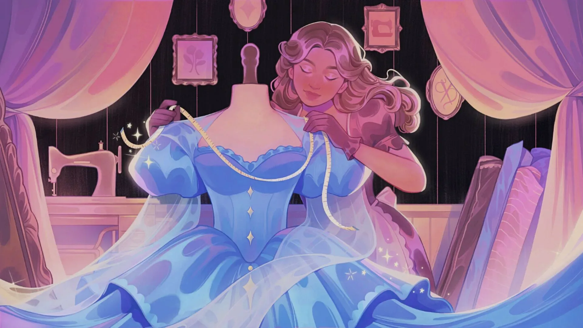 Dressmaker boutique simulation gameplay showing fabric selection and sewing