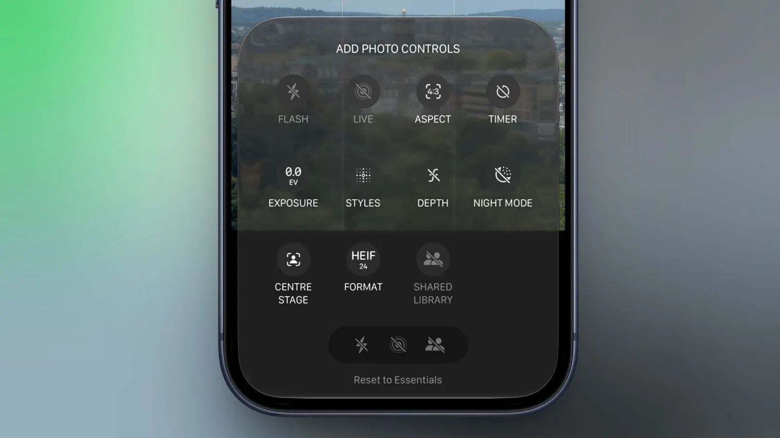 An iPhone Camera app interface displaying customizable photo controls
