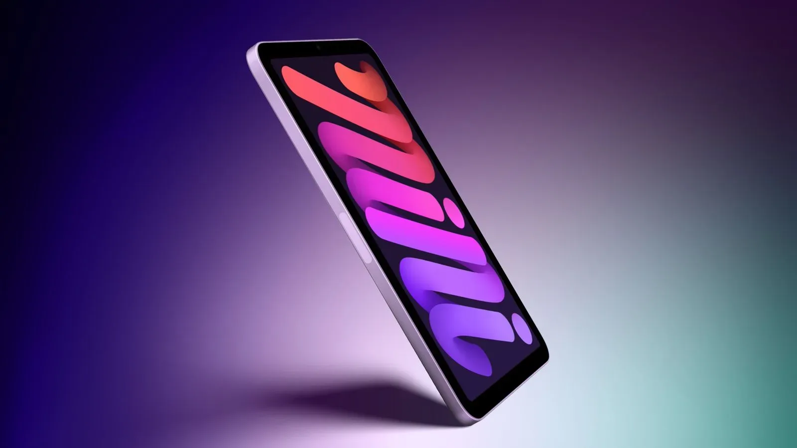 Conceptual iPad mini shown in landscape orientation with an OLED display and front camera on the side bezel