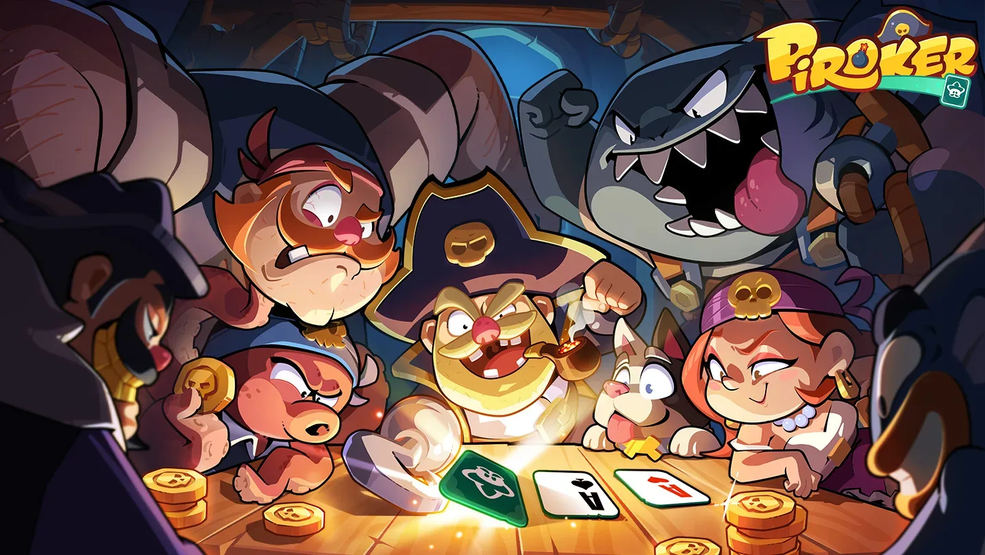 Piroker pirate hero holding poker cards in a hand-drawn nautical setting