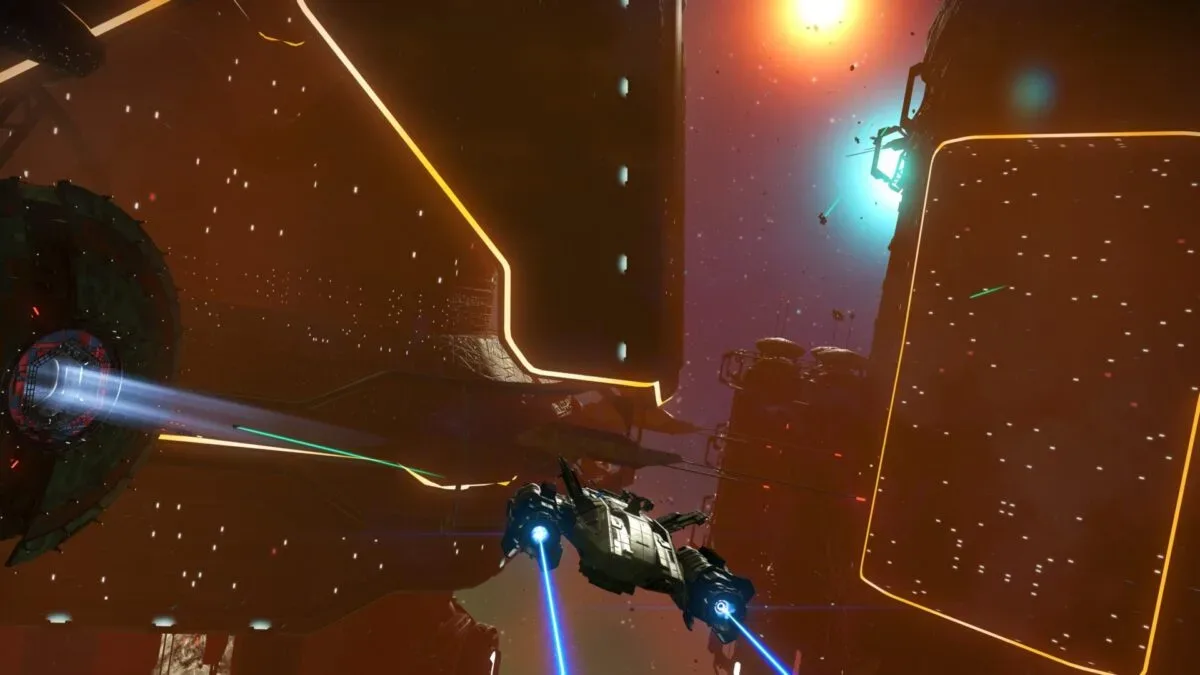 No Man’s Sky traveller approaching a claimed station in open space