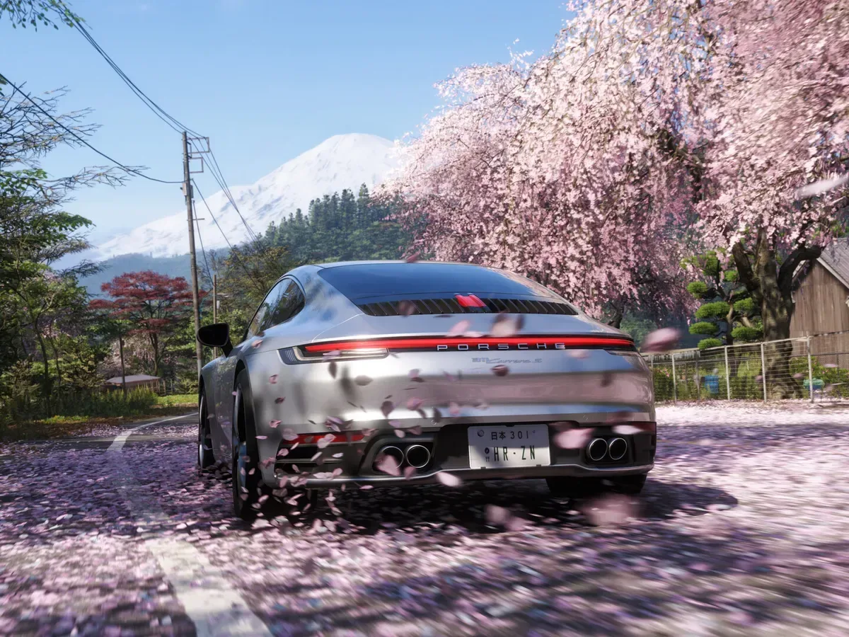 A high-performance car driving on a Japanese road in Forza Horizon 6
