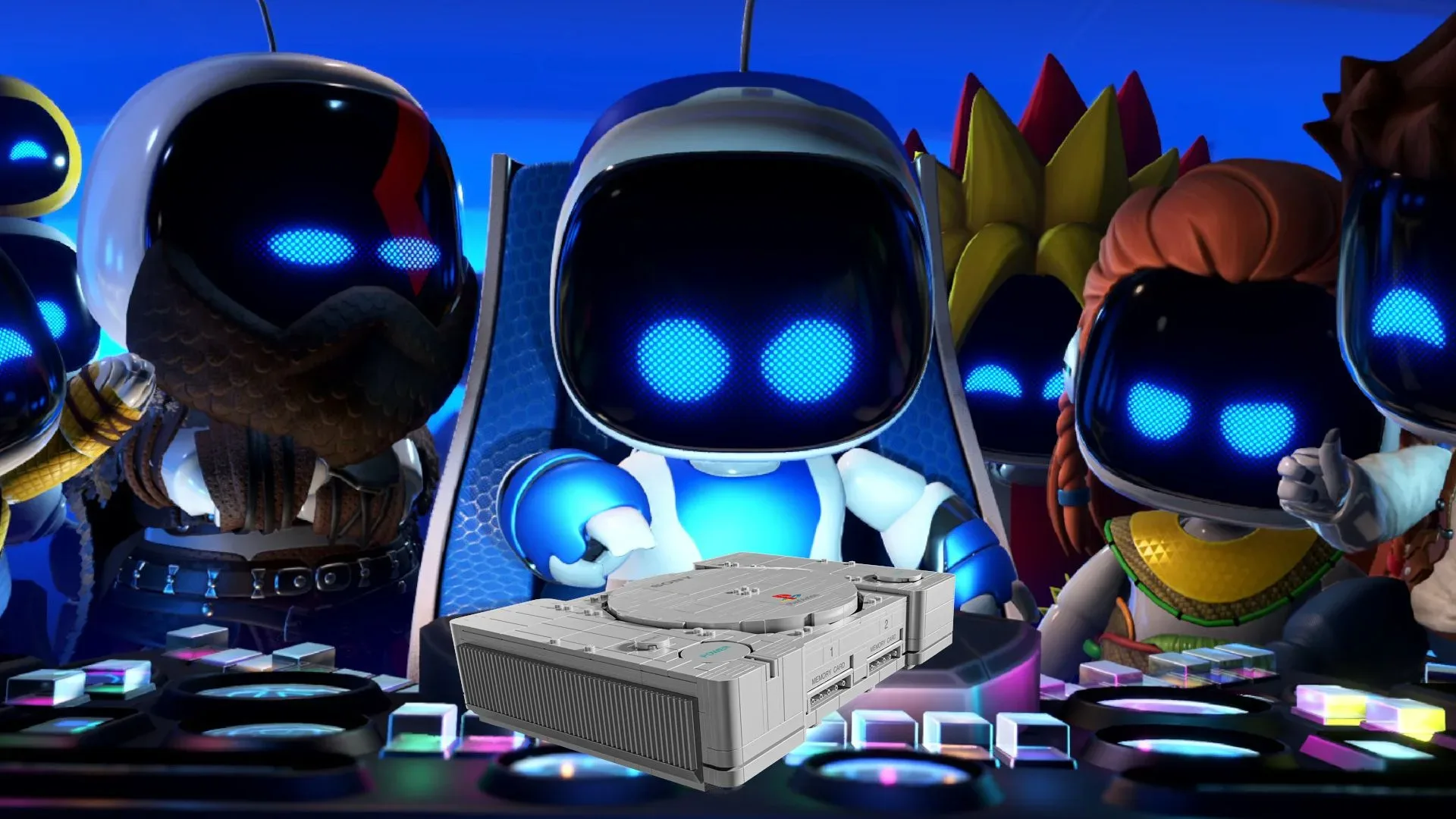 Leaked Lego Astro Bot gift-with-purchase model on a branded display stand
