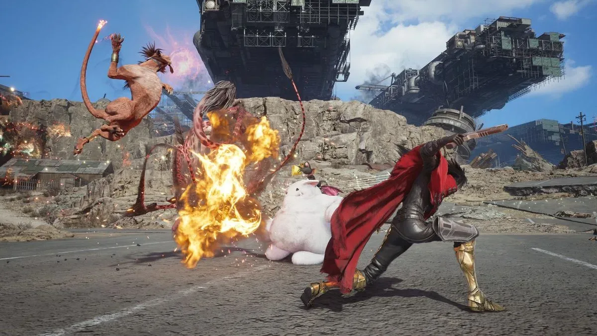 Red XIII, Cait Sith, and Vincent fight a monster in Final Fantasy 7 Revelation