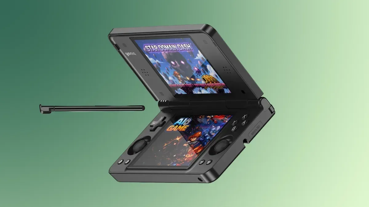 Rear view of the Yoniq Duo showing the Yoniq logo, shoulder buttons, dual USB-C ports and side-mounted stylus storage