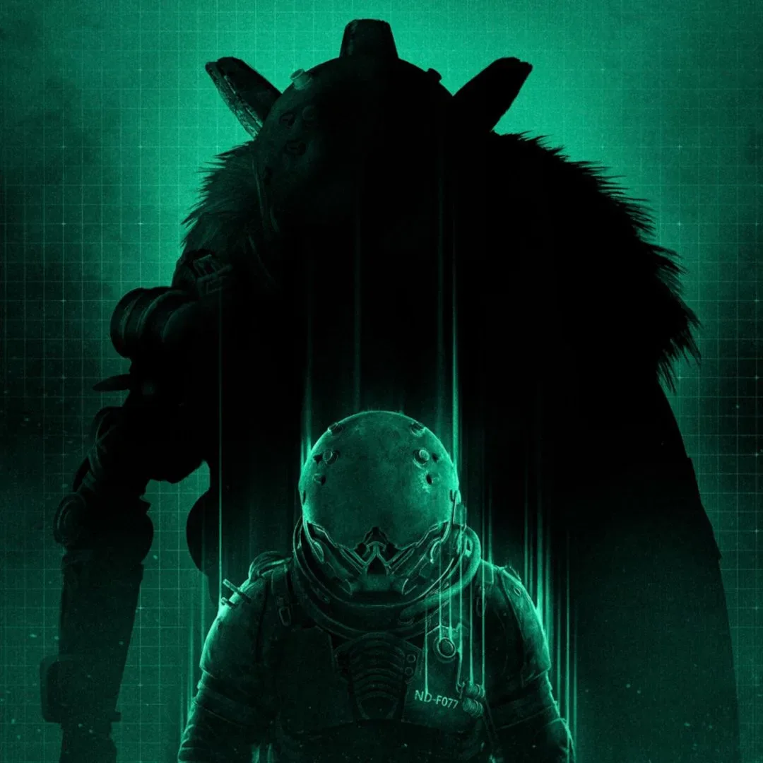 Key art for Cronos: Lazarus showing The Traveler with a distorted silhouette of The Warden behind them - lit with a green light