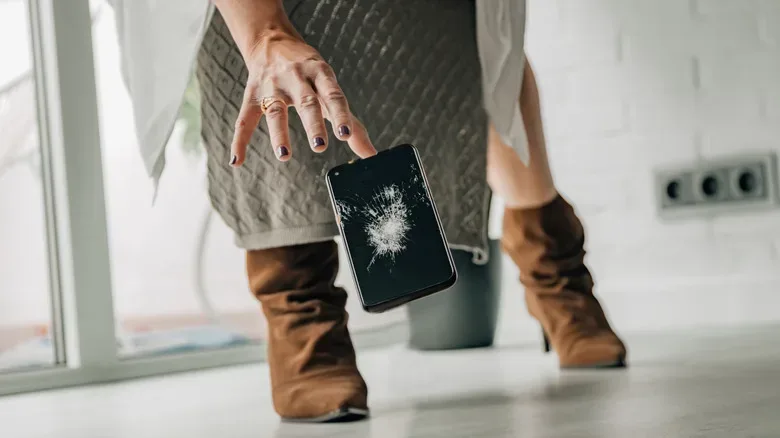 Person dropping a smartphone with a cracked screen toward the floor.