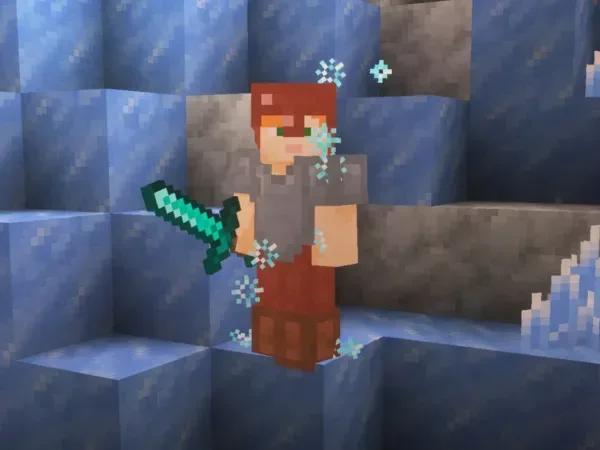 Frozen zombie attacking a player with an ice ball in Minecraft