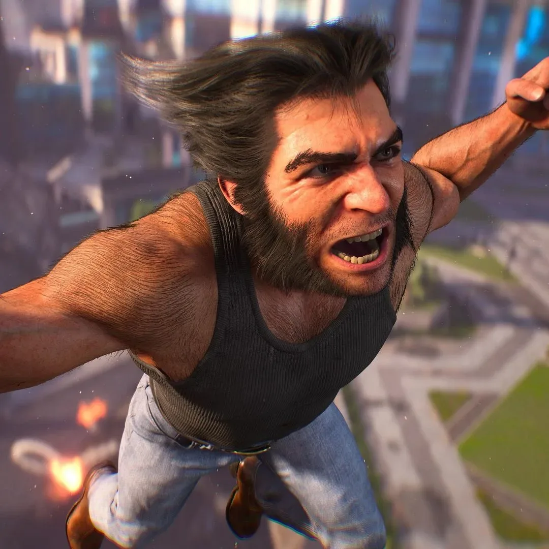 Logan in his black tanktop with pointy hair screams in Marvel's Wolverine as he is hurled into the air with his claws out