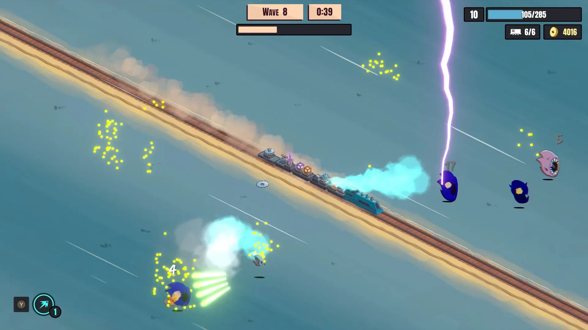 Endless Rails train defended by orbiting auto-firing drones in a hostile wasteland