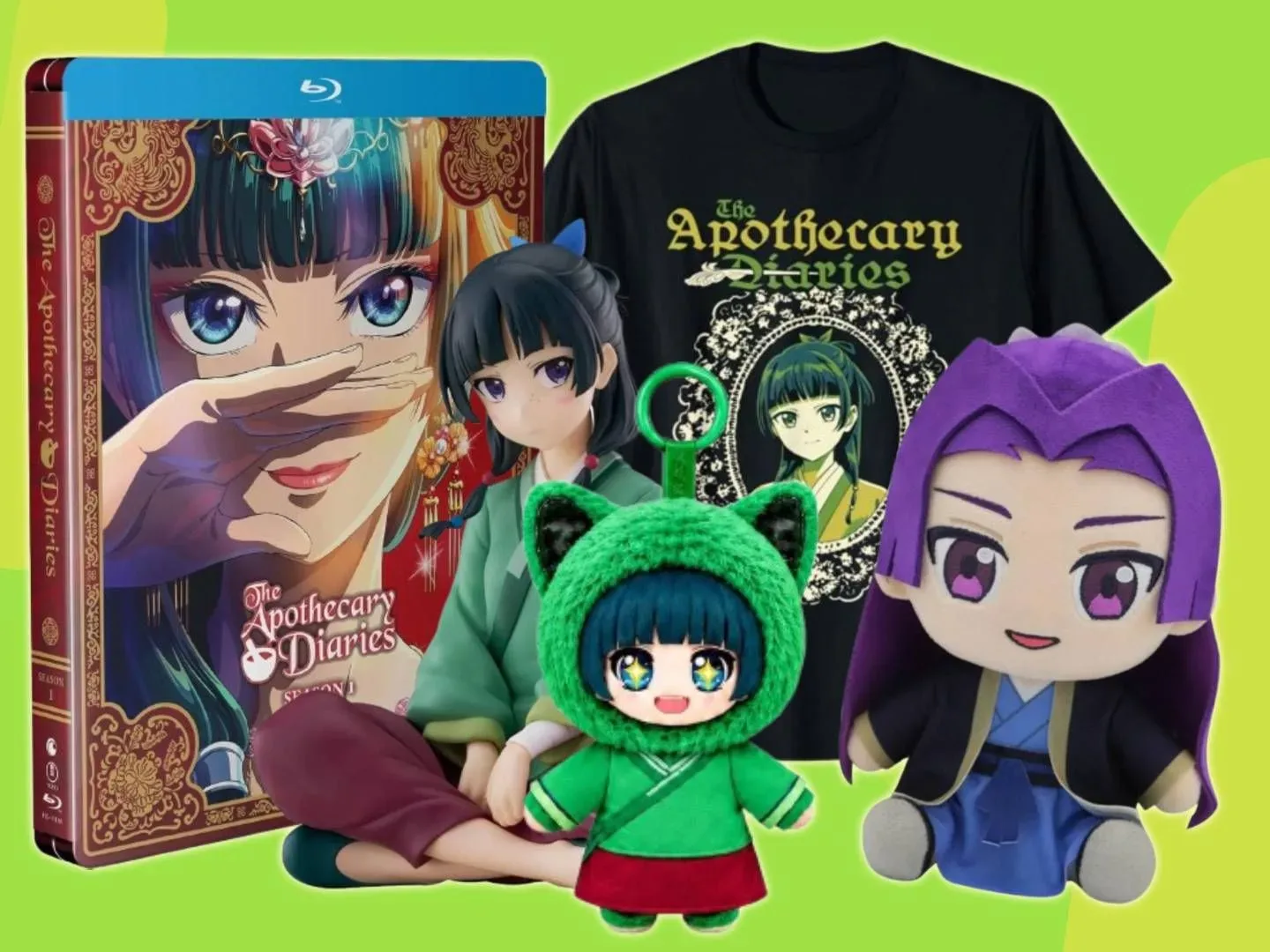 Image of a bunch of Apothecary Diaries merch on a green GamesRadar+ background.