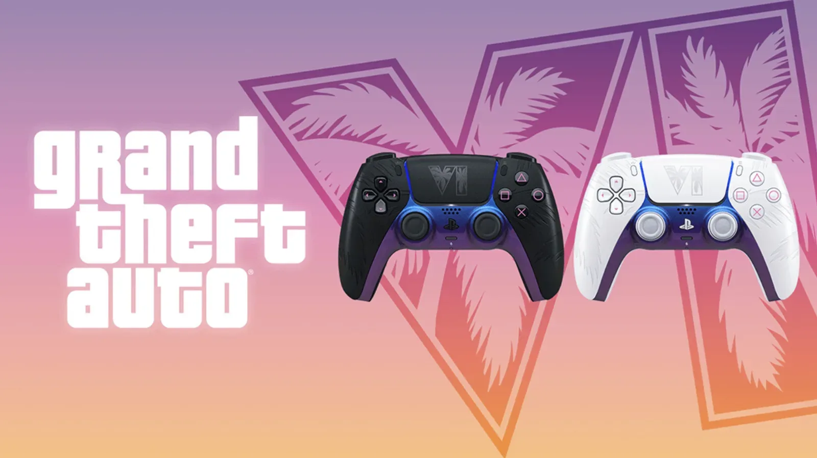 Black GTA 6 limited edition DualSense controller with gray VI touchpad logo, pink button details and iridescent blue lower section