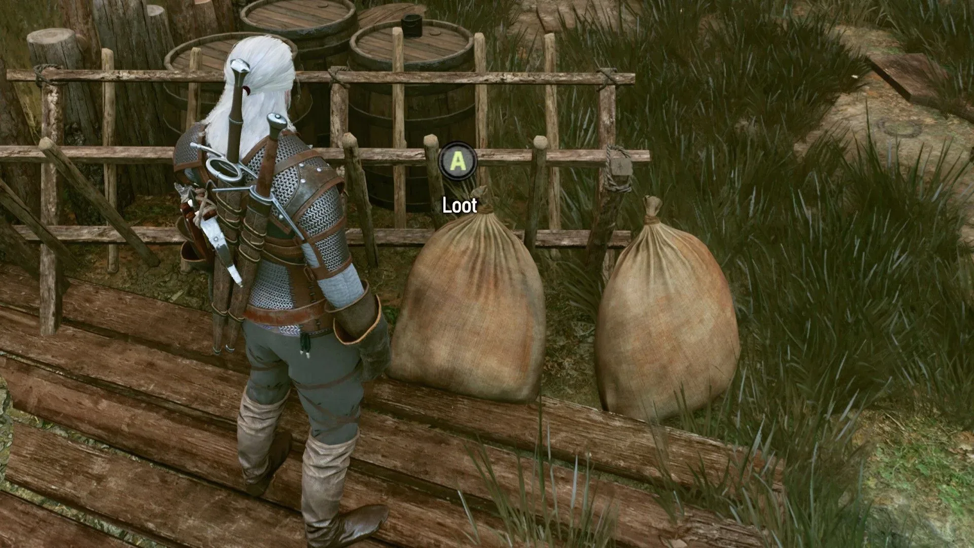 Geralt looting nearby defeated wolves through a combined Loot Merge window