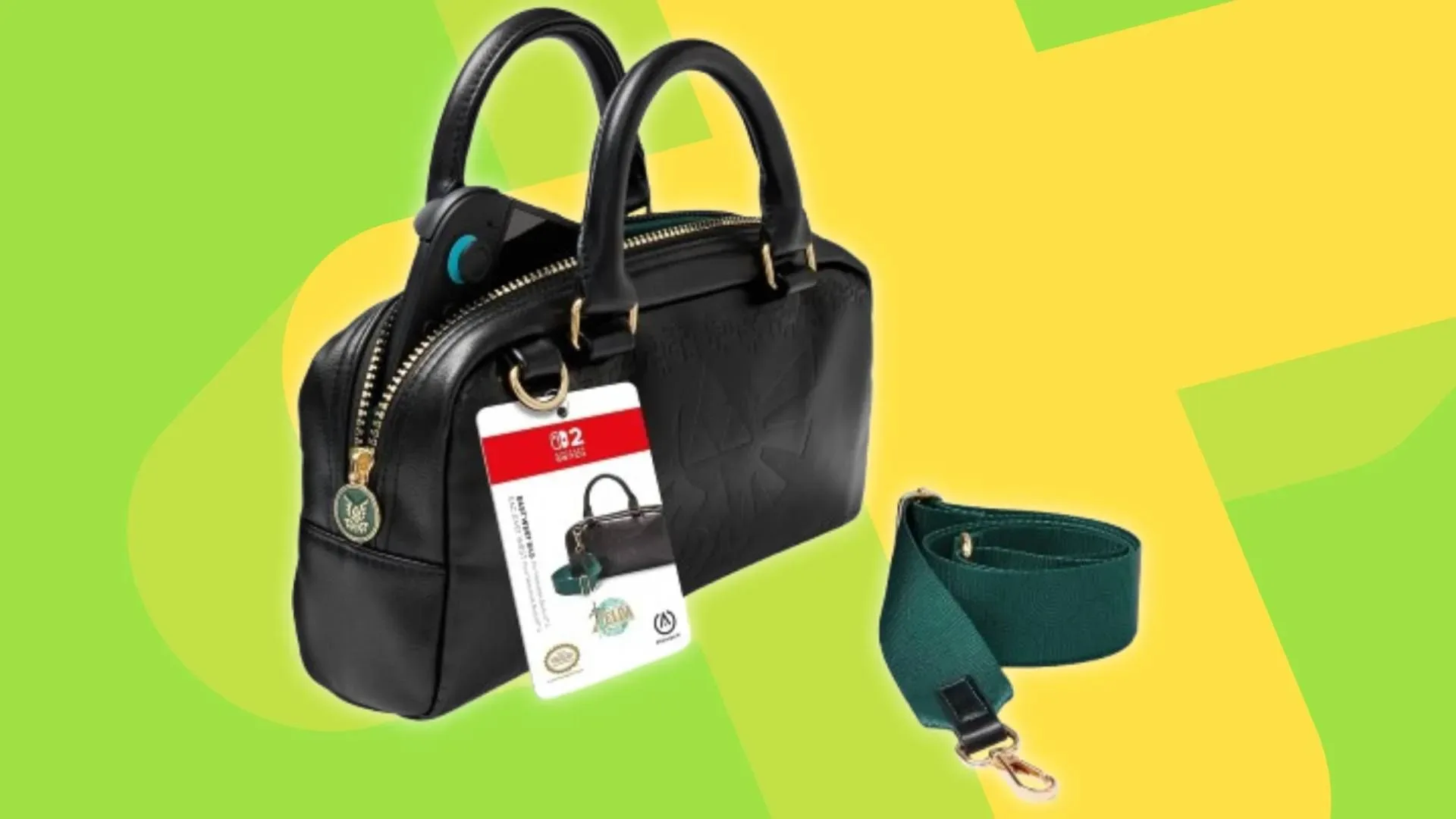 PowerA Hyrule Crest East-West Bag for Nintendo Switch 2 with dark exterior and green lining