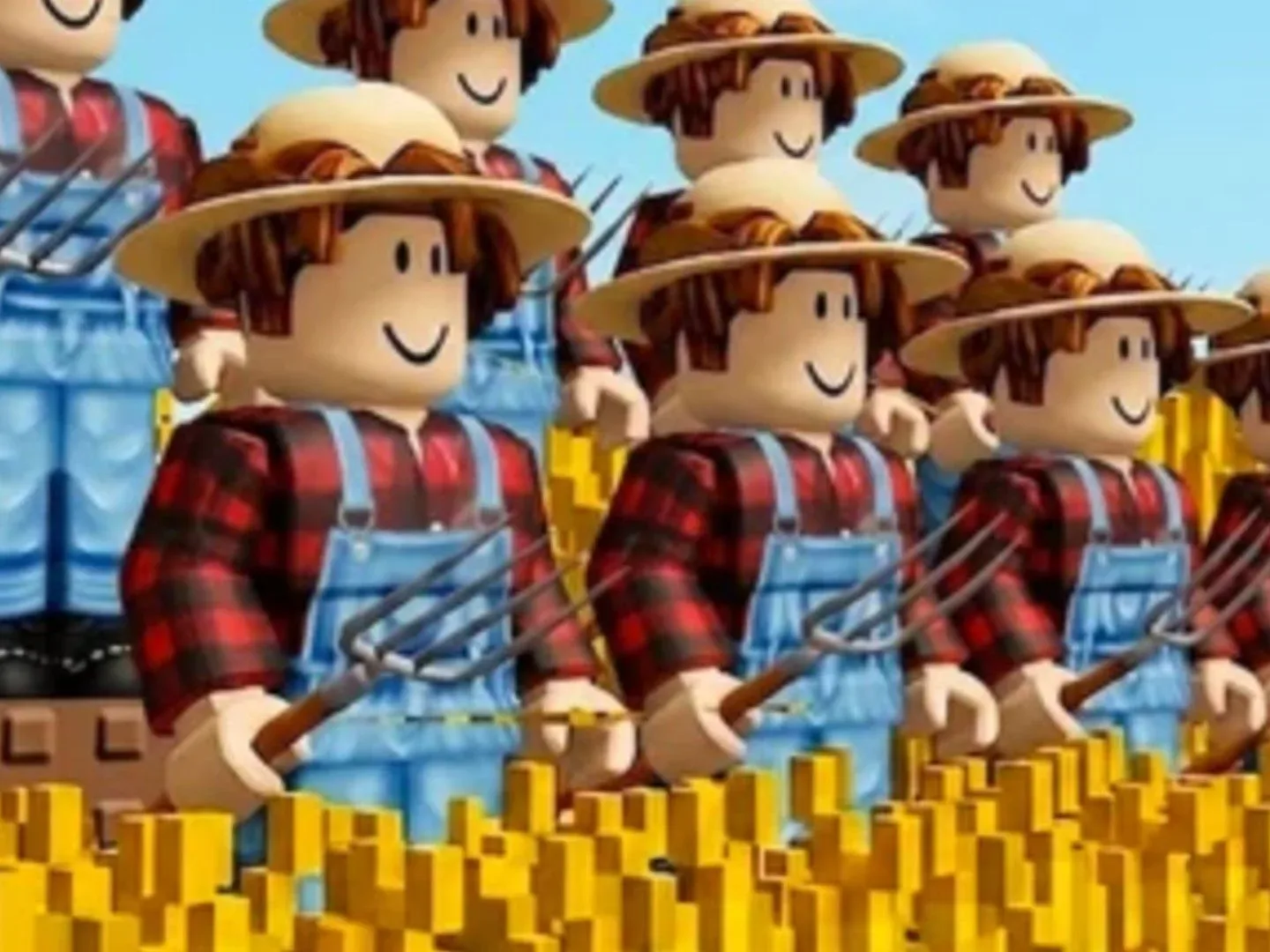 Farmers stand near their wheat crops in Mini War on Roblox.