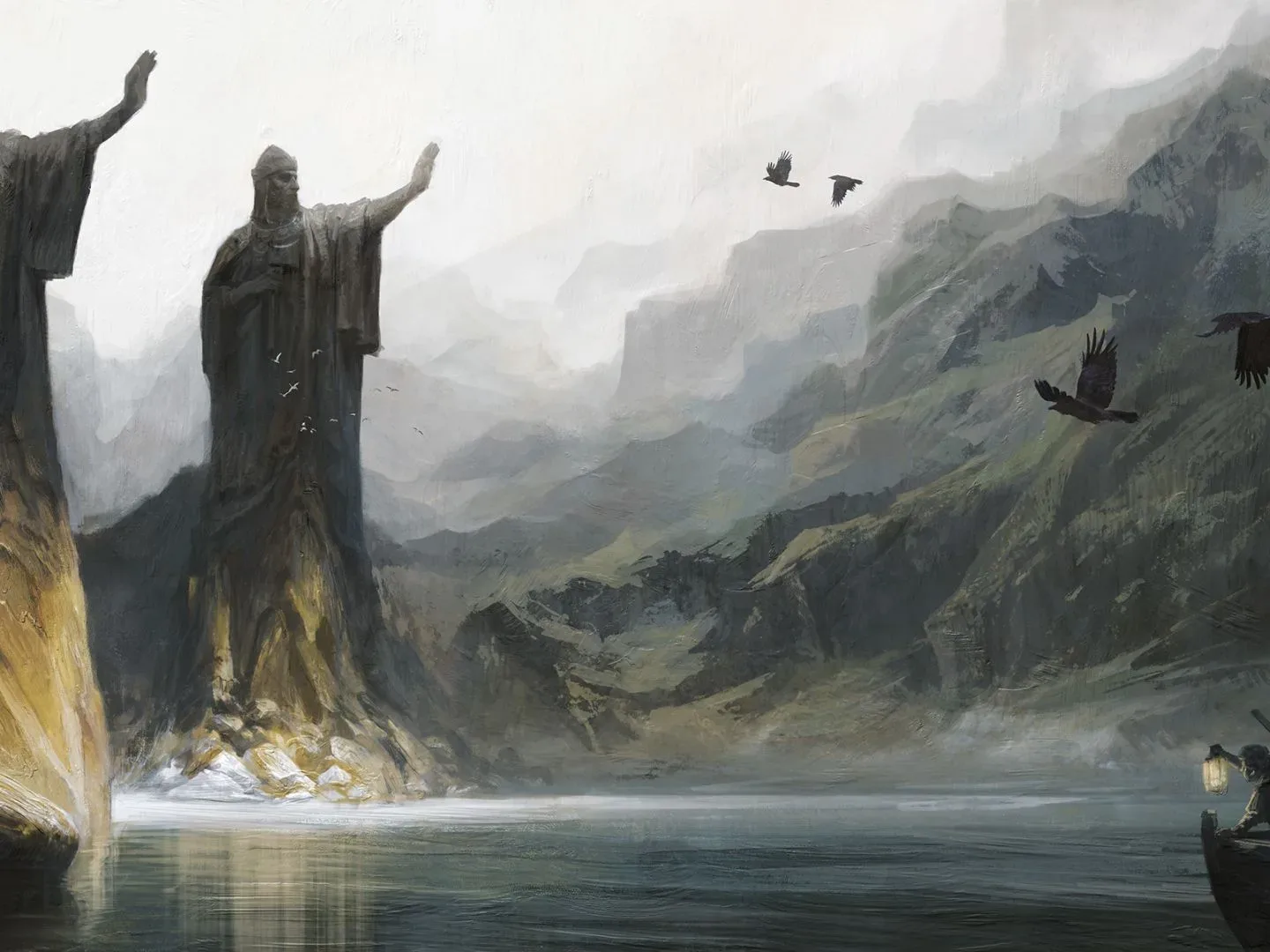 A pair of cloaked adventurers in a rowboat look upon the giant Argonath statues on the River Anduin