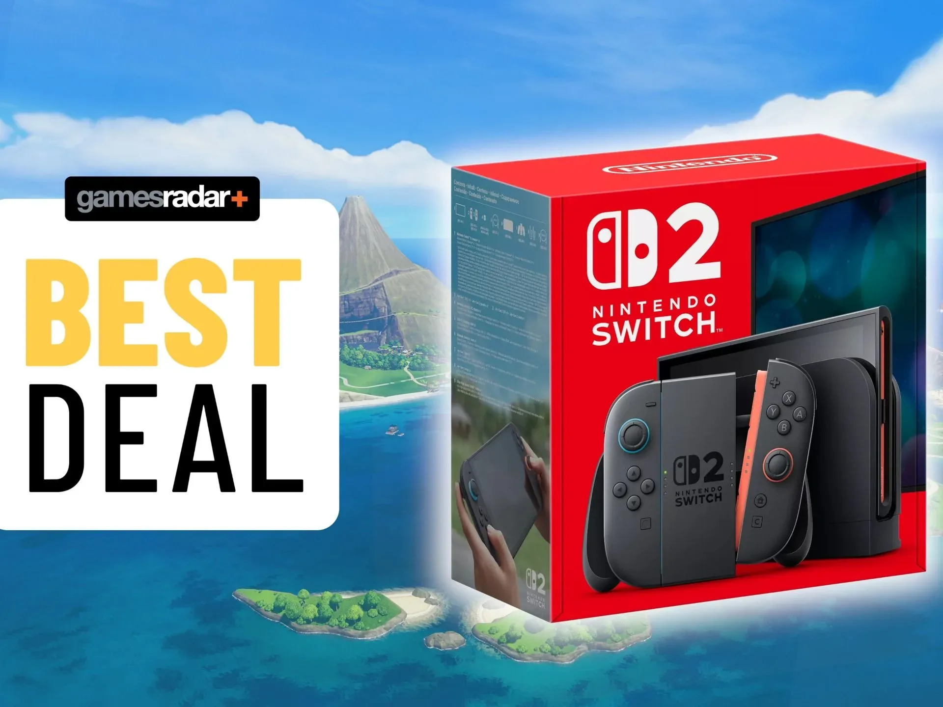 Nintendo Switch 2 on a Switch Sports Resort screenshot background with best deal badge