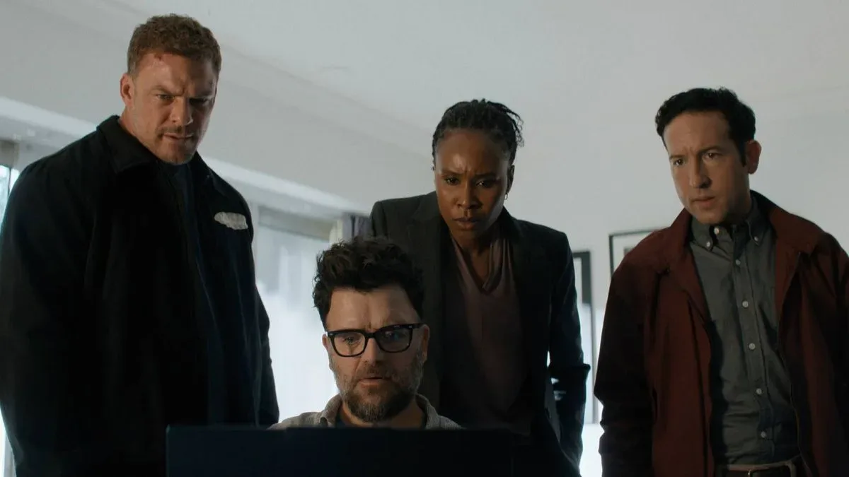Alan Ritchson as Reacher, Kevin Corrigan as Shaun Docherty, Sydelle Noel as Tamara Green, and Christopher Marquette as Jacob Merrick in Reacher season 4