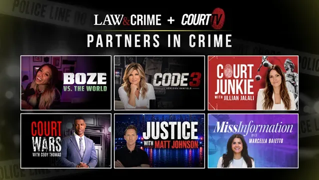 A television courtroom graphic representing Law&Crime and Court TV’s Partners in Crime programming slate