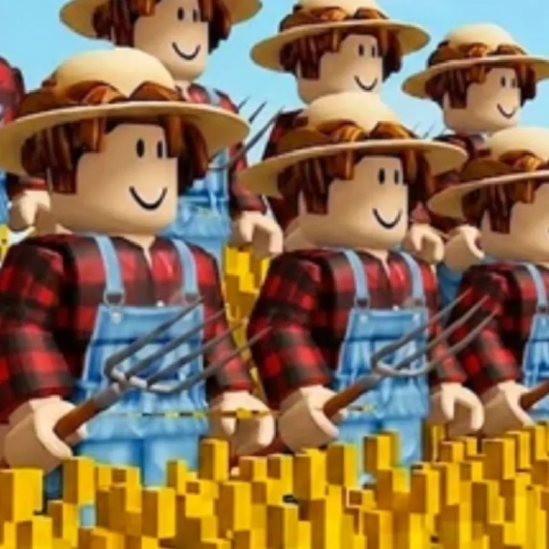 Farmers stand near their wheat crops in Mini War on Roblox.