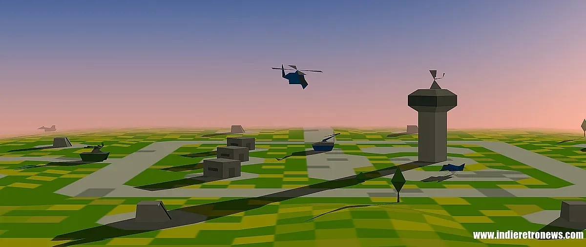 Prototype gunship flying over a low-poly combat environment in Wolf Duology