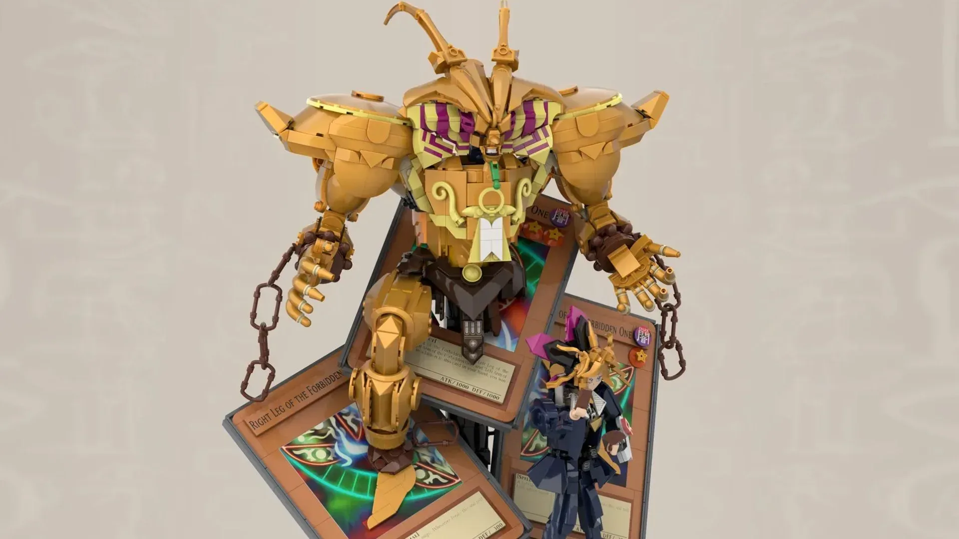 Fan-built Lego display of Yami Yugi summoning Exodia from Yu-Gi-Oh cards