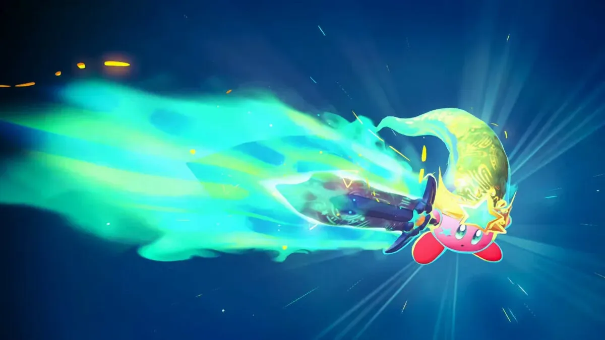 Kirby holding a giant magical sword beneath a breaking sky in Kirby and the World Beyond