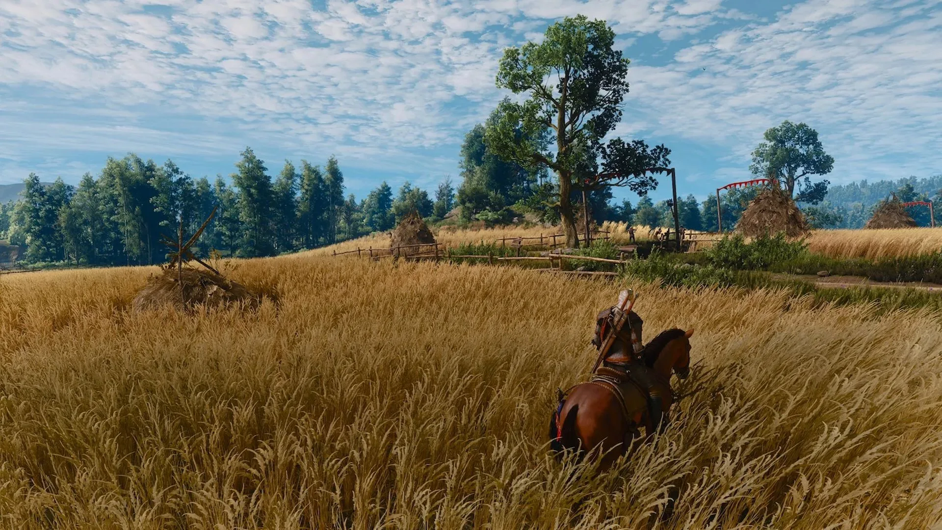 Roach standing beside Geralt in The Witcher 3