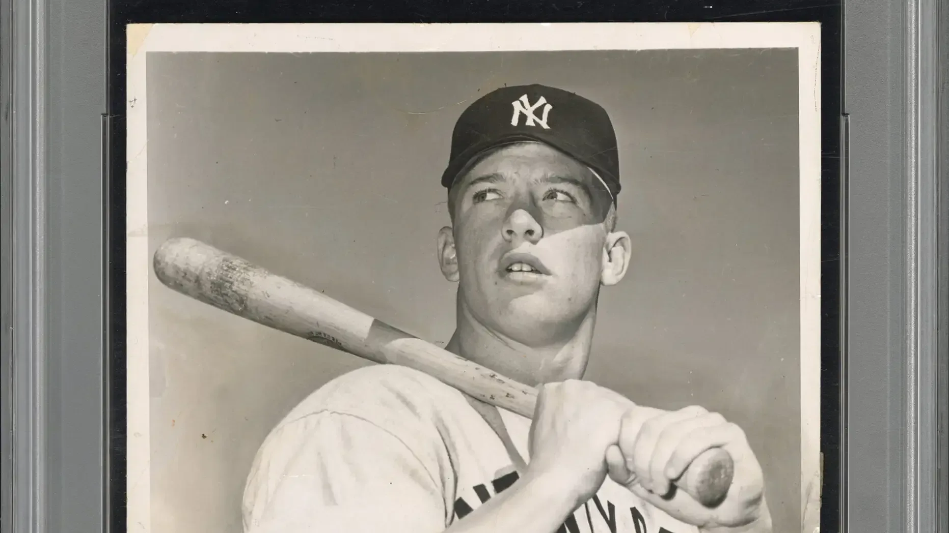 Black-and-white Type I photograph of Mickey Mantle used for the 1952 Topps baseball card image
