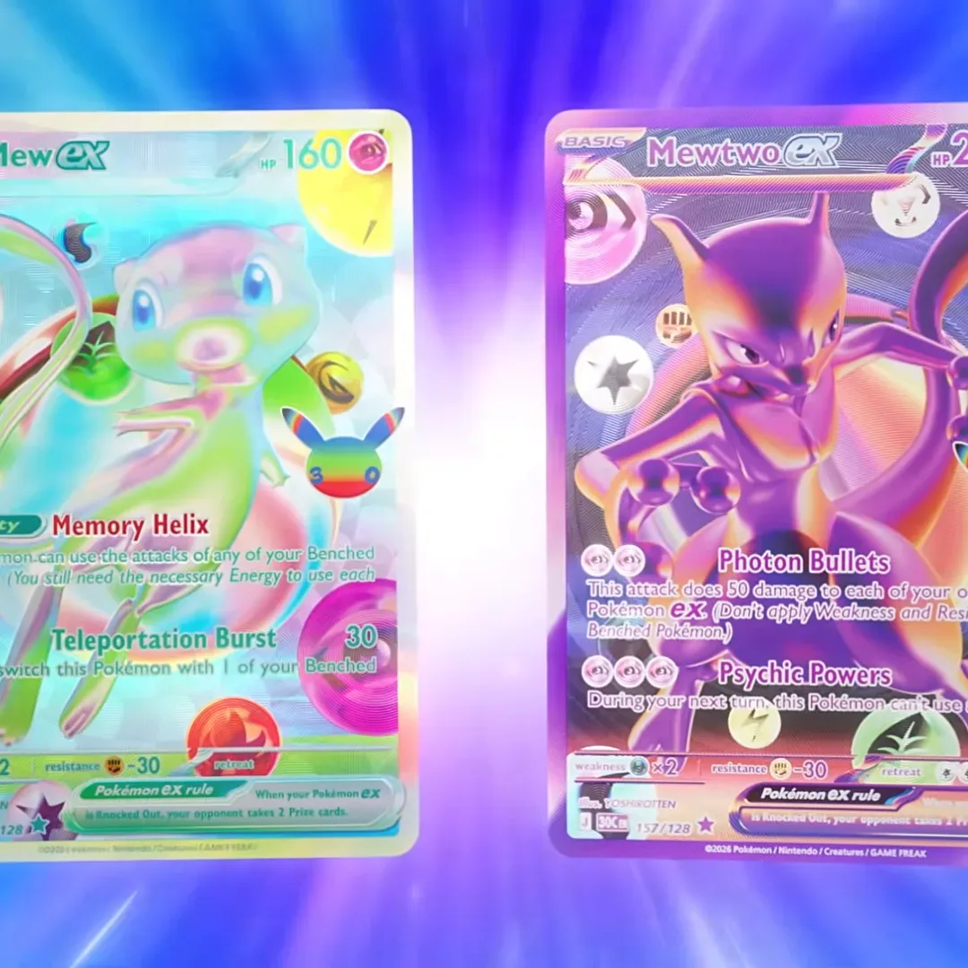 Mew and Mewtwo ex cards on a blue and purple background