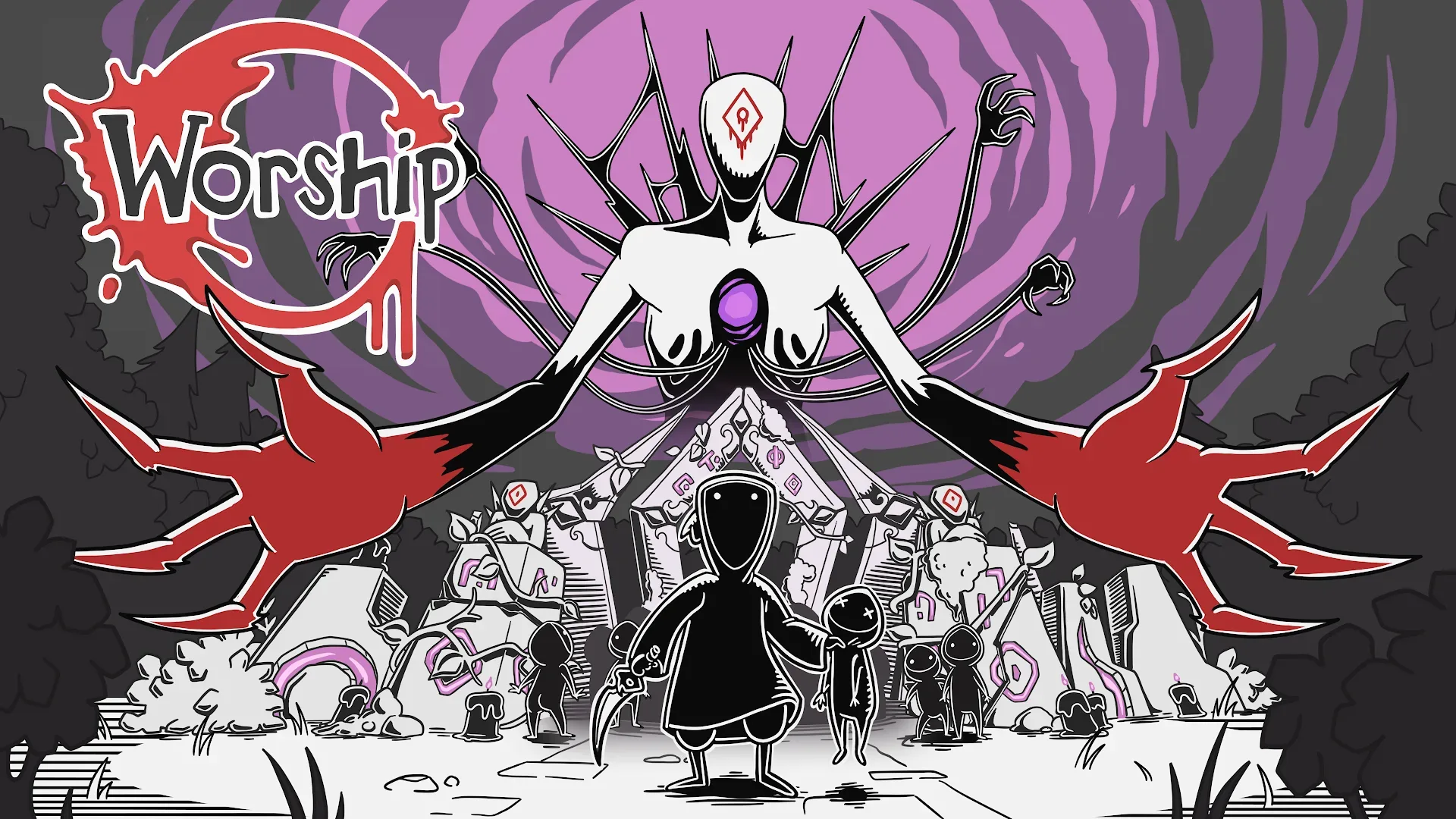 Worship promotional artwork showing its hand-drawn black-and-white occult art style