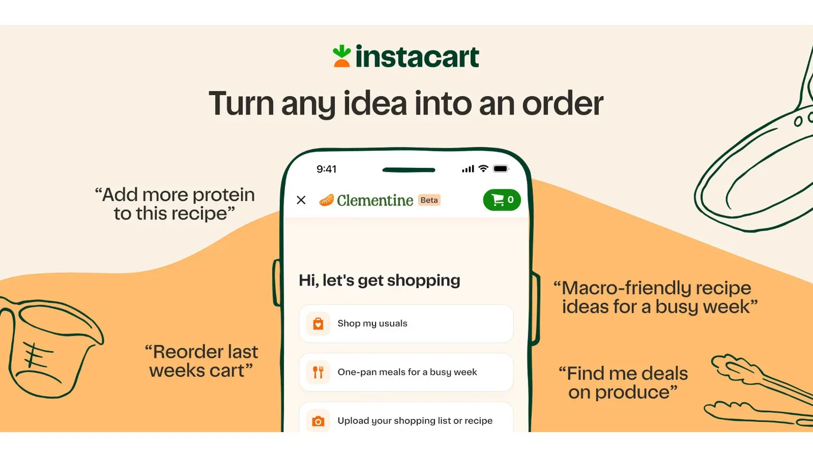 Instacart Clementine AI assistant recipe suggestions and grocery cart interface