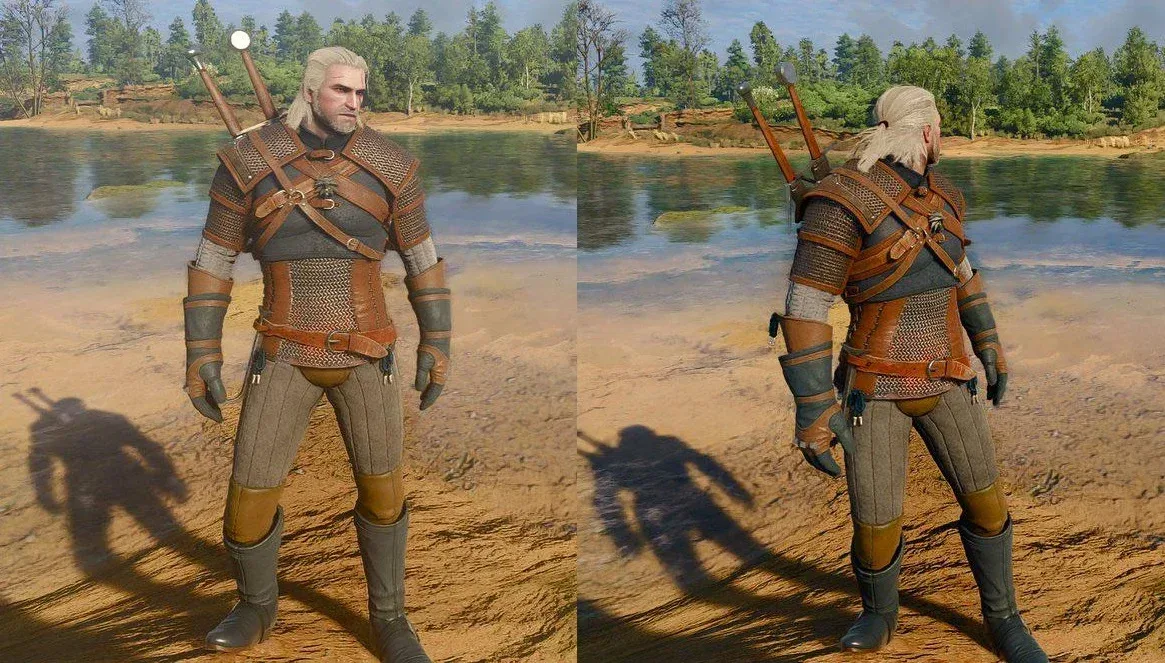 The Witcher 3 Remastered comparison showing a brighter scene with bloom enabled and a darker scene with bloom disabled