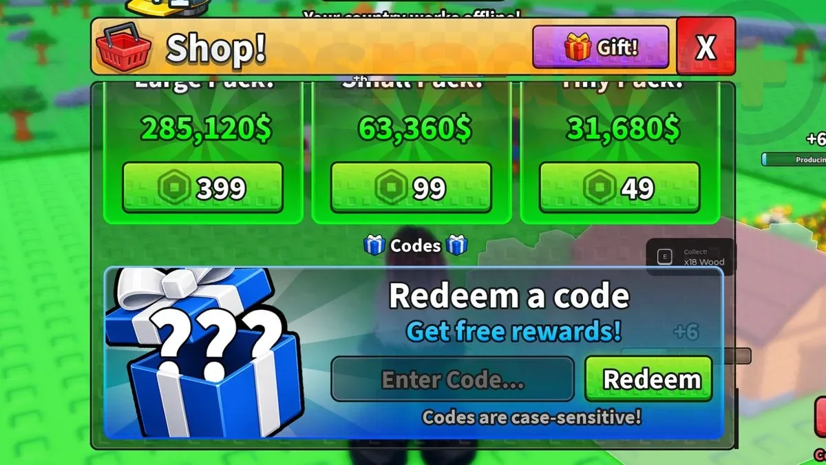 The Mini War codes redemption box as seen in-game.