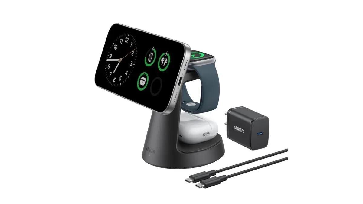 Anker MagGo 3-in-1 MagSafe Charging Station holding an iPhone, Apple Watch and AirPods case