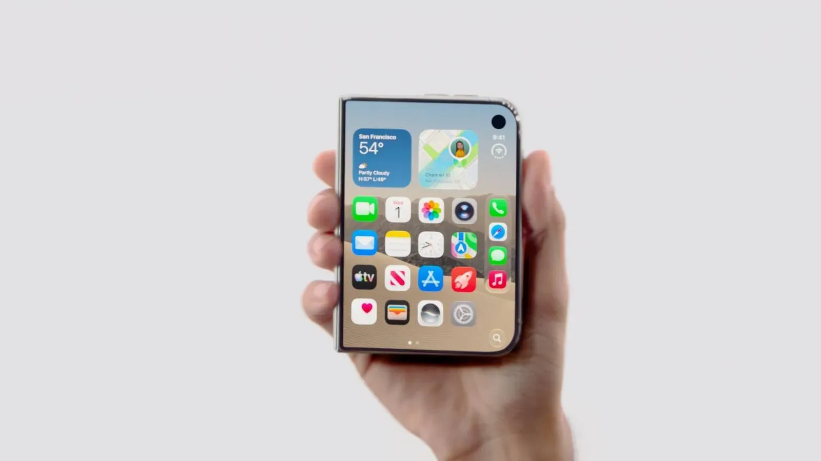 iPhone Duo displaying dual-screen iOS 27.1 interface with a vertical dock