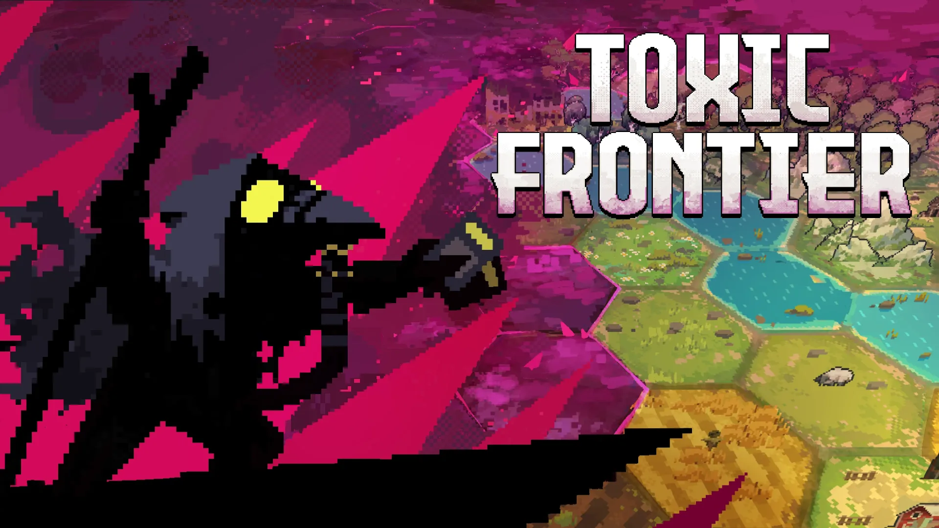 Toxic Frontier pixel-art hex grid showing a community expanding across toxic terrain