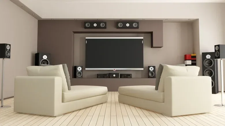 A Dolby Atmos surround sound system in a living room.