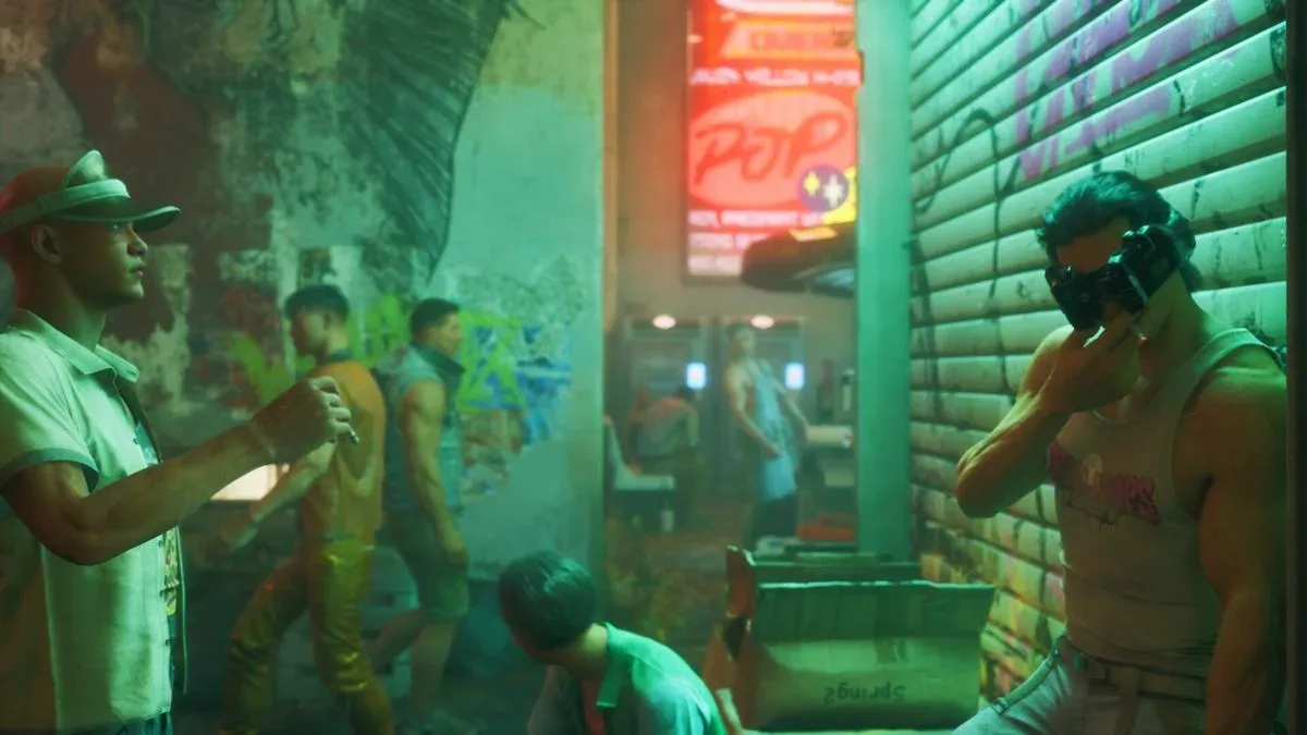 No Law screenshot showing a character leaning against a graffiti-covered shutter while smoking, in a dingy green-lit alleyway