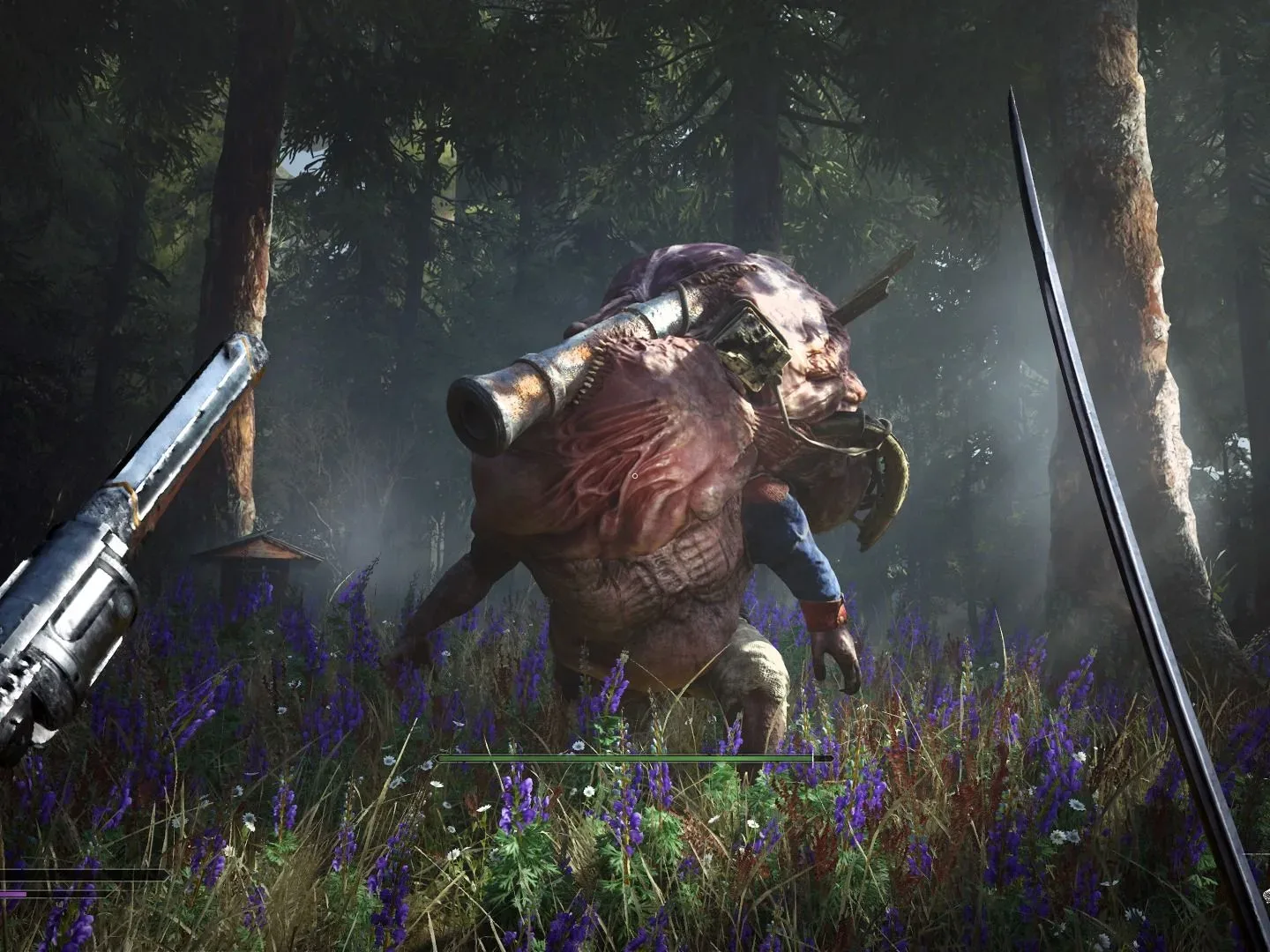 Large monster stands in field of purple flowers