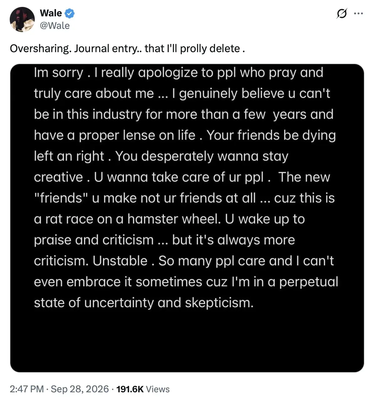 Wale’s Deleted X Post Describes the Exhaustion of Fame, Loss and Constant Online Judgment