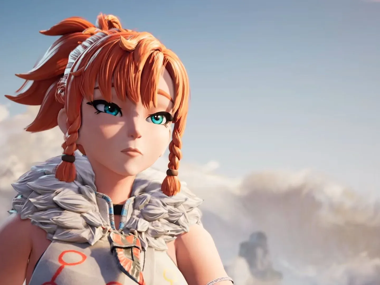 Palworld 1.0 cinematic trailer screenshot shows a woman with red hair looking off into the distance.